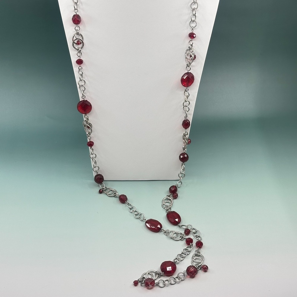 White House Black Market Red Faceted Bead Silver Tone Long Statement Necklace